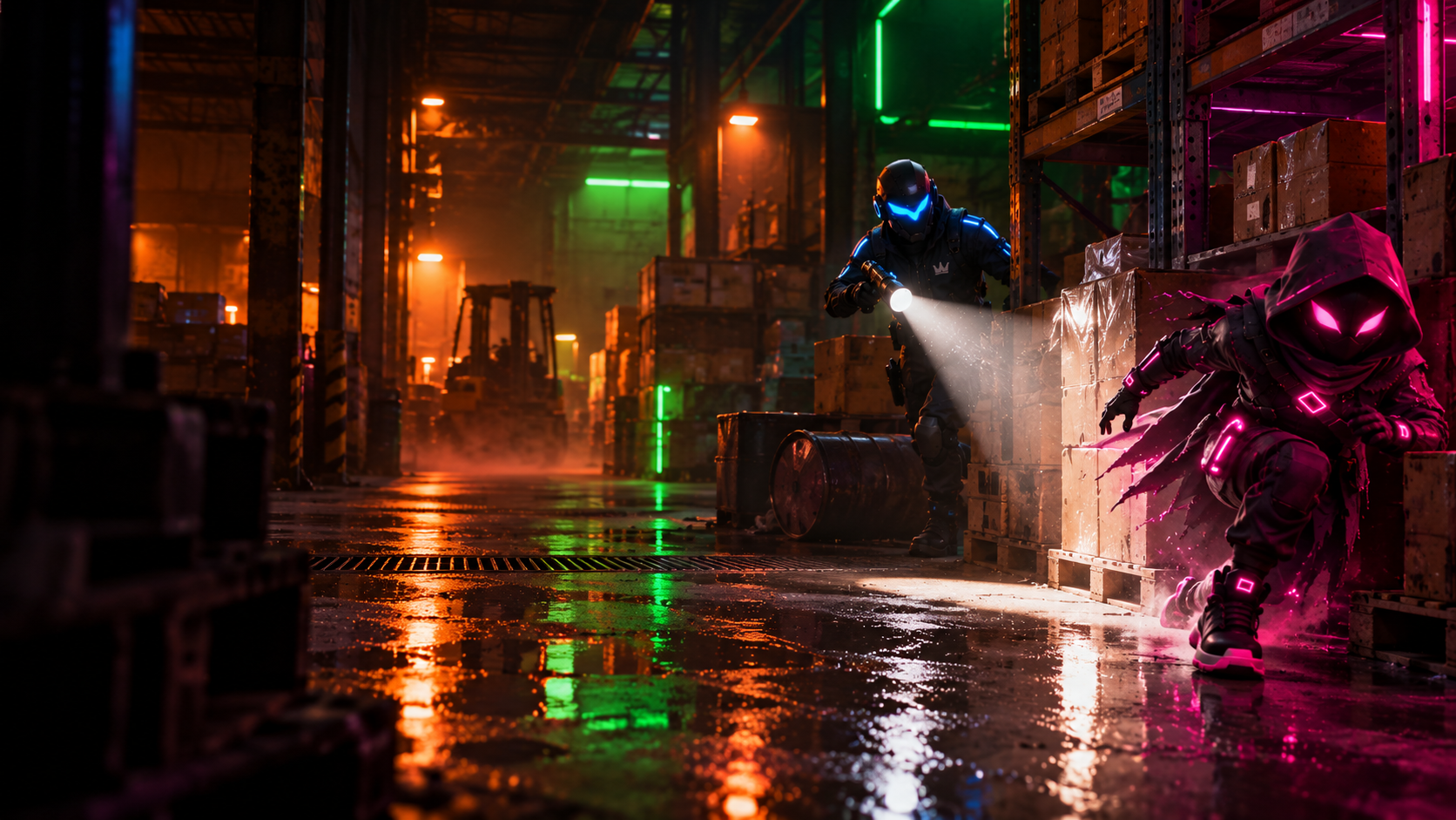 Hunter jagt einen Prop im Warehouse